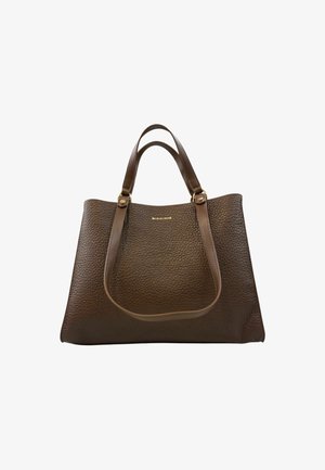 Borsa tote in pelle marrone con texture, dotata di due manici corti e dettaglio del logo dorato. Presenta un design strutturato e accenti lisci.