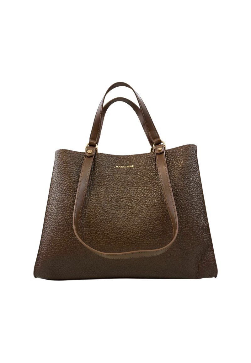 Borsa tote in pelle marrone con texture, dotata di due manici corti e dettaglio del logo dorato. Presenta un design strutturato e accenti lisci.