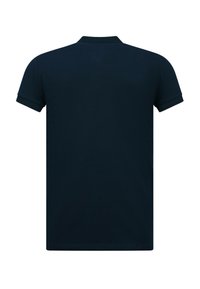 Marineblauwe korte mouwen polo shirt van een katoenmix, met een kraag en een effen textuur zonder zichtbare patronen of versieringen.