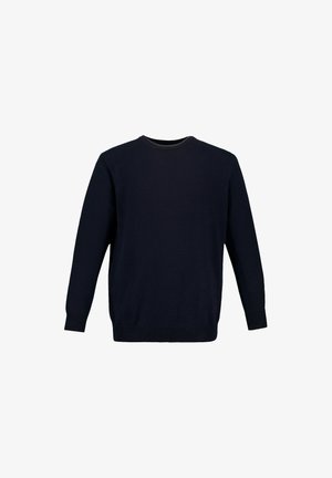 Granatowy sweter, dzianinowy materiał, okrągły dekolt, długie rękawy, ściągacze na mankietach i dolnym brzegu, gładka tekstura, widok z tyłu bez widocznych ozdób.