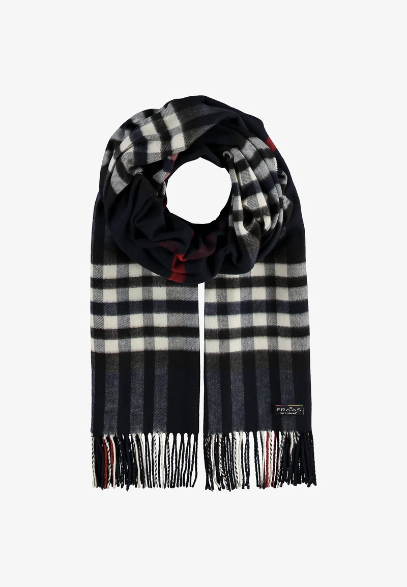 Marine ternet tørklæde med hvide og røde accenter, blødt stof, frynsede kanter og et logo mærke. Rundt design til alsidig brug.