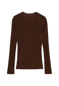 Brauner Pullover mit langen Ärmeln, gerippter Textur und rundem Ausschnitt. Verfügt über sechs Knöpfe an der linken Seite zur Schließung.