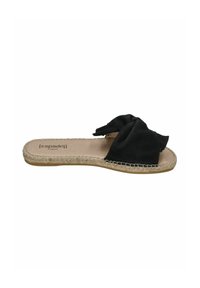 Black suede slide sandal featuring a knotted design on the upper, a natural jute sole, and a beige insole with branding detail.