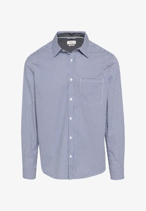 Gestreept overhemdd in blauw en wit. Gemaakt van een gladde stof, heeft lange mouwen, een kraag, een enkele borstzak en witte knopen.