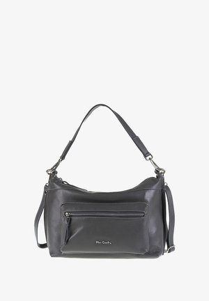 Grijze leren handtas met een ontspannen vorm, voorzien van een voorzak met rits, zilveren hardware en een afneembare schouderriem.