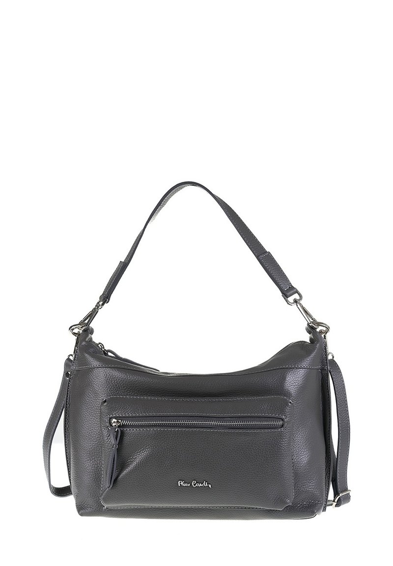Borsa a tracolla in pelle grigia con una forma rilassata, dotata di una tasca frontale con zip, accessori in argento e tracolla rimovibile.