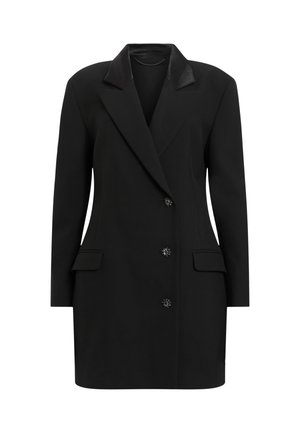 Crni blejzer haljina s sjajnim ovratnikom, dvostruko kopčanje, pet dekorativnih dugmadi i dva bočna džepa. Teksturirana tkanina.