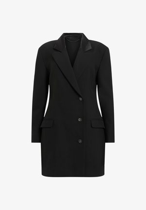 Fekete blézer ruha fényes gallérral, dupla soros gombolással, öt díszgombbal és két oldalsó zsebbel. Texturált anyag.