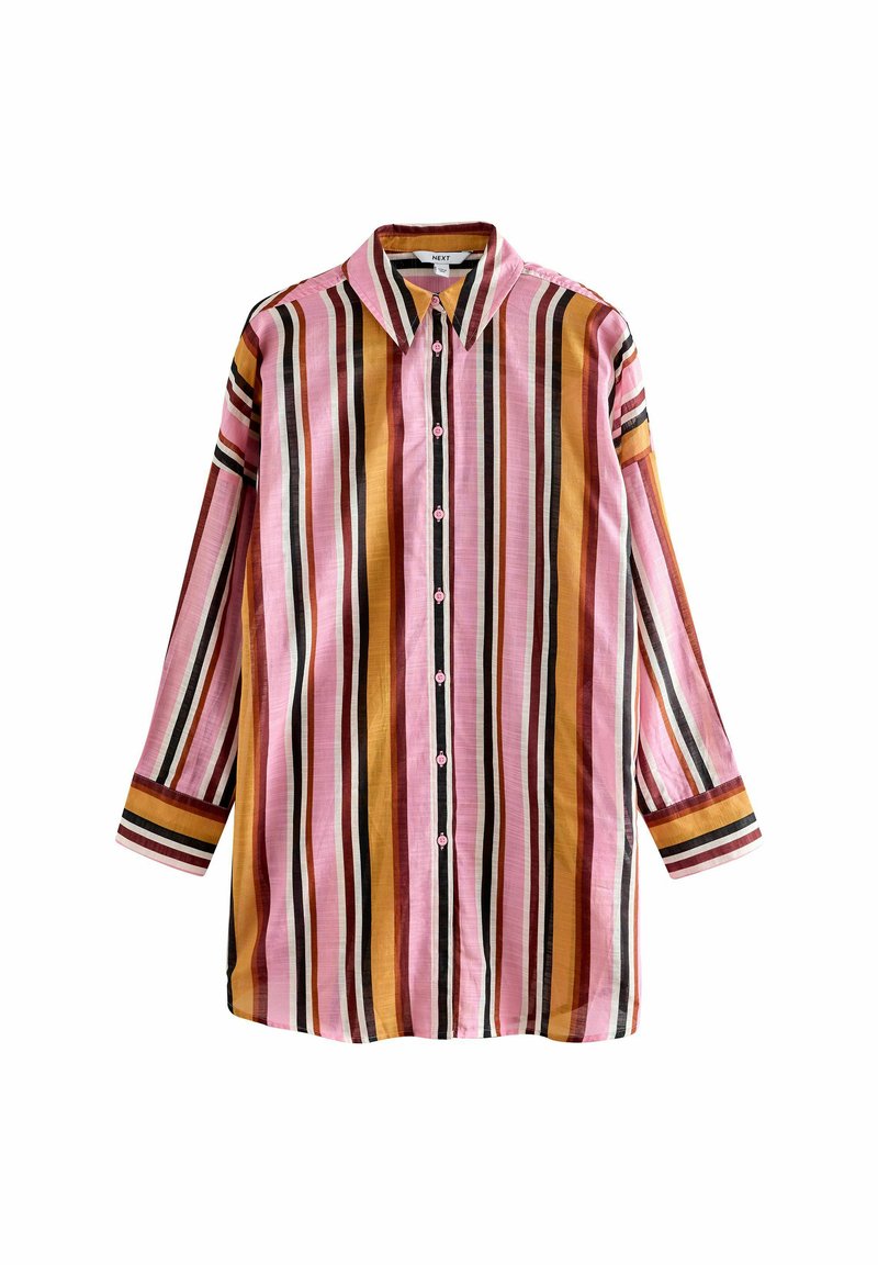 Gestreept shirt met lange mouwen, een kraag en knoopsluiting. Kleuren zijn onder andere roze, bruin, zwart en wit met verschillende breedtes van strepen.