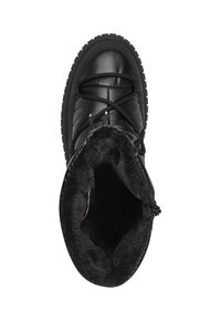 Botas impermeables negras con un acabado suave, tobillo acolchado y forro de felpa. Cuenta con cordones redondos y suela de goma texturizada.