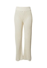Brede, crèmekleurige gebreide broek met een textuurpatroon van grote gaten, hoge elastische tailleband en flared silhouet.