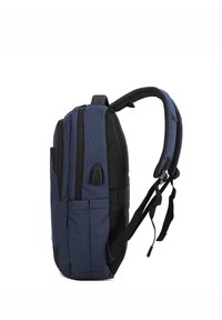 Navy backpack with a textured finish, featuring two zippered compartments, mesh padded back and straps, and black accents.