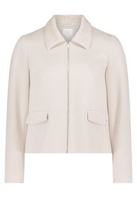 Ljusbeige kort jacka med en mjuk textur, krage, framzip och två fickor med lock.