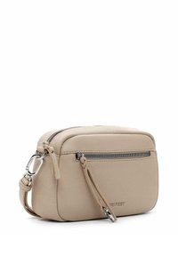 Borsa a tracolla in pelle beige con finitura texturizzata, dotata di una tasca frontale con zip e tracolla regolabile, fissata con hardware in argento.