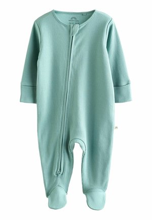 Body de bebeluși ribbed de culoare albastru deschis, cu mâneci lungi, design cu picioare, închidere prin fermoar frontal și guler rotund. Textură moale pentru confort.