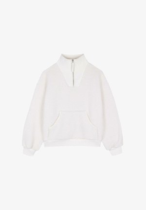 Weißer Fleece-Pullover mit hohem Kragen, halblangem Reißverschluss vorne und Fronttasche. Mit gerippten Bündchen und einer weichen, strukturierten Oberfläche.