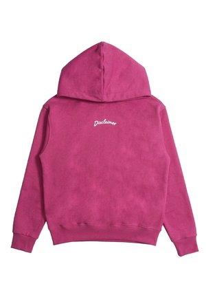 Felpa con cappuccio rosa con maniche lunghe, polsini a coste e la scritta "Disclaimer" stampata in bianco sulla parte superiore della schiena.