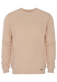 Pull beige à manches longues avec col rond, poignets et bas côtelés, avec une petite étiquette métallique rectangulaire du logo près de l’ourlet inférieur.