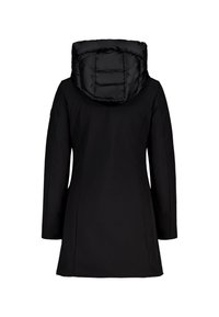 Cappotto nero con cappuccio voluminoso, tessuto liscio, taglio dritto e maniche lunghe. Presenta dettagli di cucitura sulla schiena e sui lati.