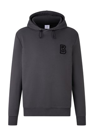 Gray hoodie made from soft fabric, featuring a front pocket, adjustable drawstrings, and a textured black "B" logo on the chest.