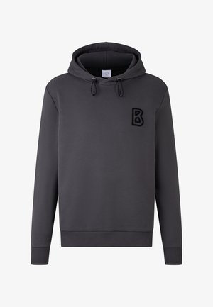 Szary hoodie wykonany z miękkiego materiału, z przednią kieszenią, regulowanymi sznurkami i fakturowanym czarnym logo "B" na piersi.