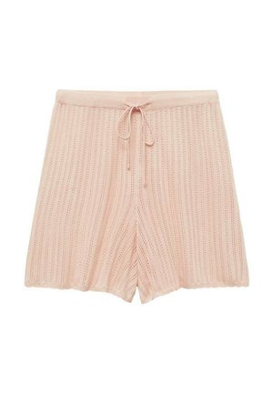 Pantaloni corti in maglia rosa con vita regolabile, caratterizzati da costine verticali, un orlo a scallop e una texture morbida.