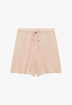 Pantaloni corti in maglia rosa con vita regolabile, caratterizzati da costine verticali, un orlo a scallop e una texture morbida.