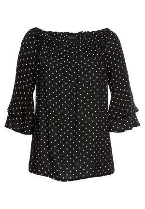Black off-shoulder blouse with white polka dots and layered bell sleeves, loose fit, and gathered neckline.