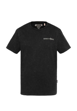 Black short-sleeve crewneck T-shirt with "SCHOTT NYC" text and lightning bolt logo on the left chest.