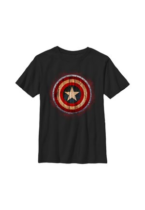 Sort t-shirt med et slidt trædesign af Captain Amerikas skjold med røde, hvide og blå koncentriske cirkler og en central stjerne.