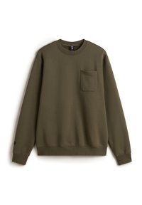 Khaki groene sweatshirt gemaakt van zachte stof, met een ronde halslijn, lange mouwen en een enkele borstzak. Klassieke geribbelde zoom.