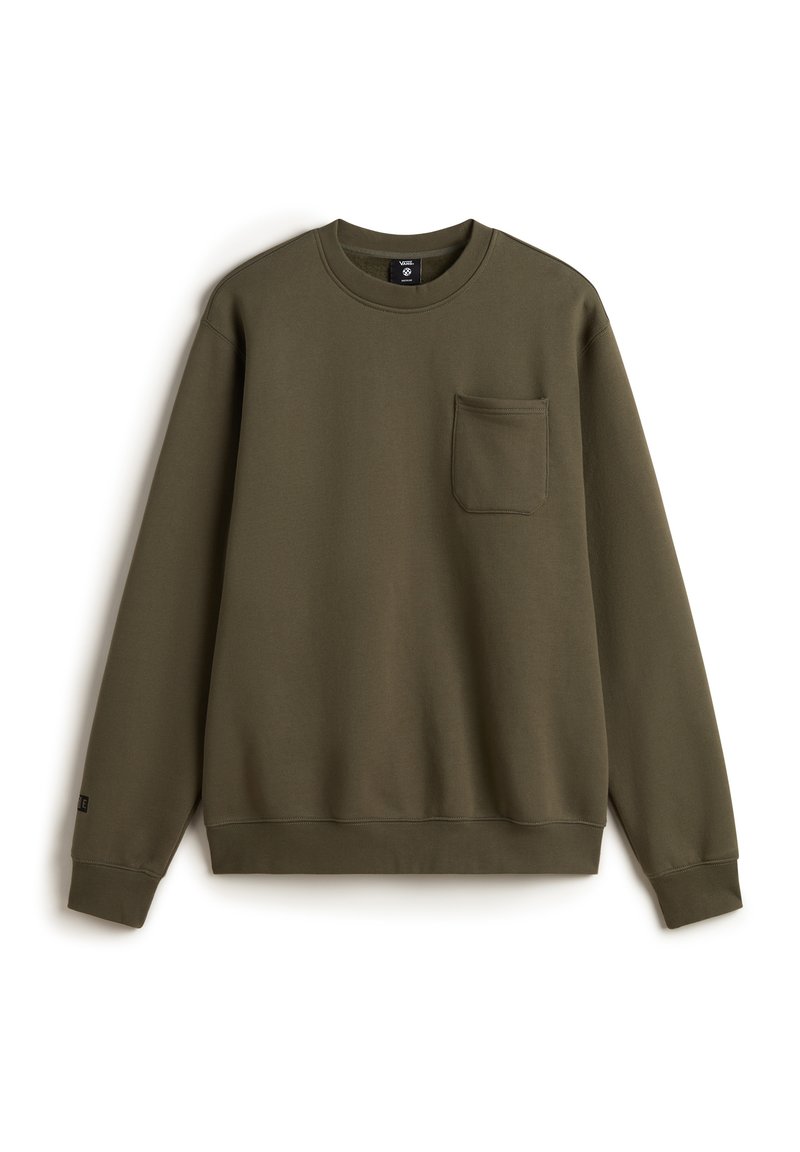 Khaki-grüner Sweatshirt aus weichem Stoff, mit rundem Ausschnitt, langen Ärmeln und einer kleinen Brusttasche. Klassischer gerippter Saum.
