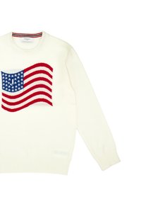 White sweater featuring a red and blue American flag design on the front. Knit texture with ribbed cuffs and hem.