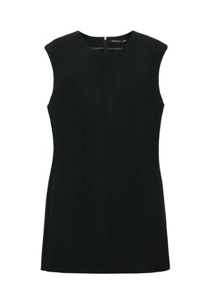 Abito nero senza maniche con scollatura rotonda, chiusura frontale con zip e cuciture sartoriali per una silhouette strutturata. Finitura in tessuto liscia.