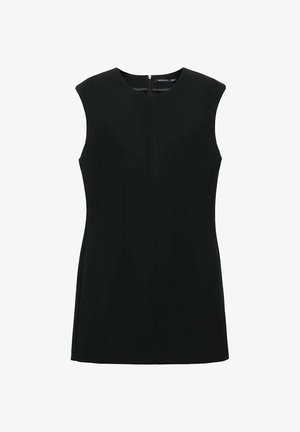 Crna haljina bez rukava s okruglim izrezom, prednjim zatvaranjem na patentni zatvarač i krojenim šavovima za strukturiranu siluetu. Glatka tkanina.