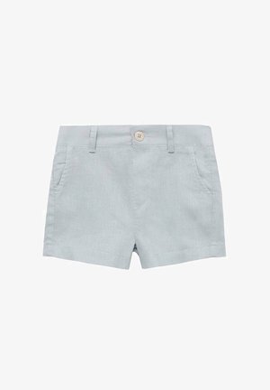 Shorts din in bleu deschis cu front plat, două buzunare laterale și închidere cu un singur buton. Design scurt, croit, cu margini curate.