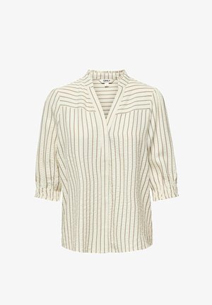 Blouse crème à rayures verticales marron, manches 3/4 froncées, et col en V avec une petite bande de col, présentée sur un fond blanc.