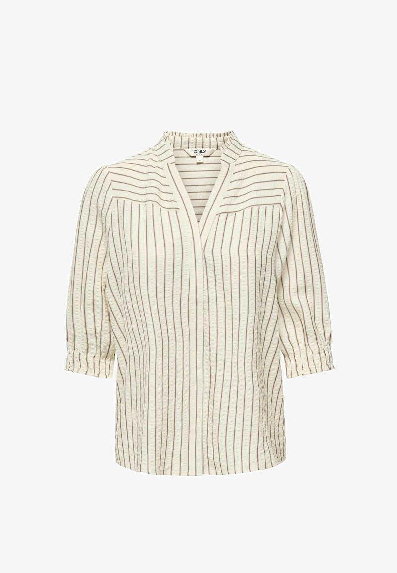 Blouse crème à rayures verticales marron, manches 3/4 froncées, et col en V avec une petite bande de col, présentée sur un fond blanc.