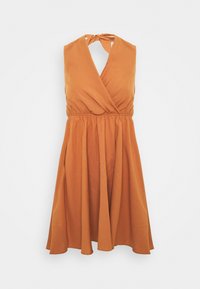 Hořčicově oranžové šaty na zavazování za krk s designem na překrytí, elastickým pasem a splývavou sukní. Vyrobené z hladké látky, s uzlovým vázáním na krku.