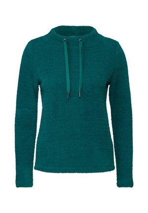 Pullover in pile color turchese con colletto alto, maniche lunghe e cordino regolabile. La superficie ha un aspetto morbido e testurizzato.