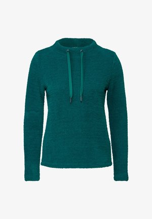 Türkisfarbener Fleece-Pullover mit hohem Kragen, langen Ärmeln und verstellbarem Kordelzug. Die Oberfläche hat ein weiches, strukturiertes Aussehen.