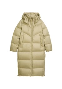 Προστατευτικό μακρύ παλτό σε ανοιχτό χακί με κλείσιμο με φερμουάρ, κουκούλα με κορδόνι και πλαϊνές τσέπες. Διαθέτει υφή με ανάγλυφο, επενδεδυμένο σχέδιο σε όλη την επιφάνεια.