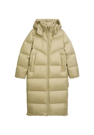 Vuorattu, pitkä takki vaaleassa khakinvärisessä sävyssä, jossa on vetoketjukiinnitys, kiristettävä huppu ja sivutaskut. Ominaisuuksina on tekstuuri ja palotettu kuviointi koko takin alueella.