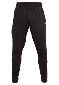 Schwarze Sporthose mit blauen Seitenakzenten, gefertigt aus glattem Stoff. Verfügt über einen dehnbaren Bund und zulaufende Beine mit schlanker Passform.