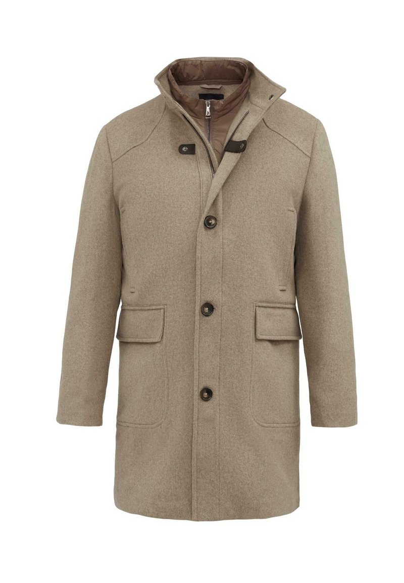 Beżowy wełniany płaszcz z brązowym zamkiem wewnętrznym, dużymi kieszeniami, zapięciem na guziki oraz wysokim kołnierzem z napami.
