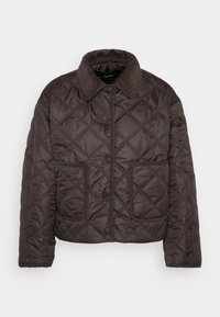 Dark brown quilted jacket with snap buttons, two front patch pockets, and a corduroy collar, displayed flat on a white background.