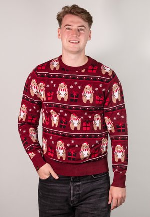 Roter gestrickter Pullover mit Bären- und Geschenkmotiven, Schneeflocken und einem gerippten Rundhalskragen. Weiche Textur mit elastischen Bündchen und Saum.