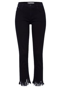 Jeans de mezclilla negra con un diseño ajustado, dobladillo desflecado en los tobillos y estilo tradicional de cinco bolsillos. Presentan un cierre de botón y cremallera.