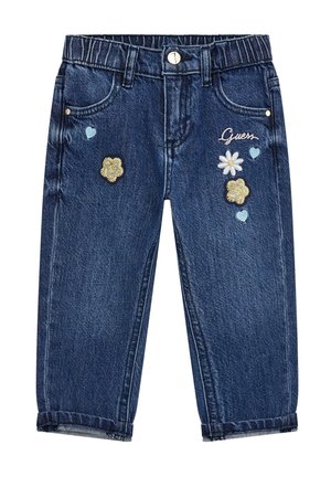 Dunkelblaue Kinder-Jeans aus Denim mit bestickten Blumen, blauen Herzen und dem Wort "Guess" auf der Vorderseite rechts.