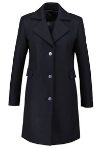 Manteau noir mi-long avec trois boutons sur le devant, larges revers, manches longues et deux poches à rabat au niveau des hanches.